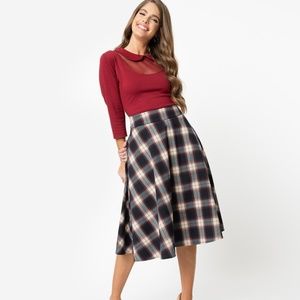 Unique Vintage Plaid Swing Midi Skirt - XL - 14